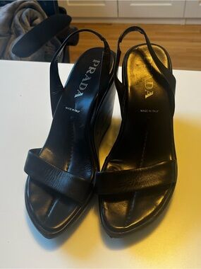 Prada Black Leather Wedge Slingback Sandals